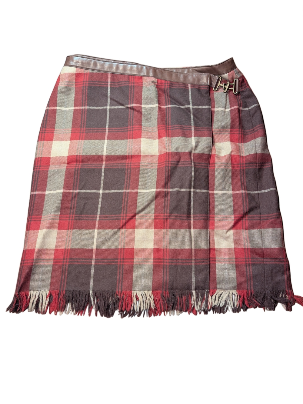 Vintage Jones New York Red and Brown Plaid Mini Skirt with Fringe